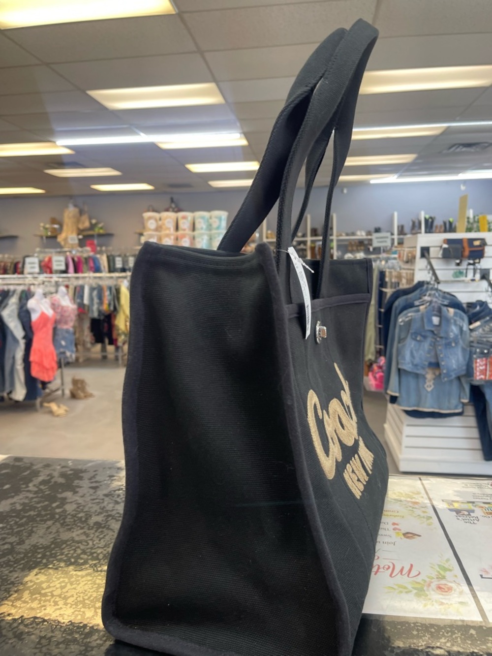 Coach Black Canvas Tote with Gold Script Logo - Picture 2 of 5
